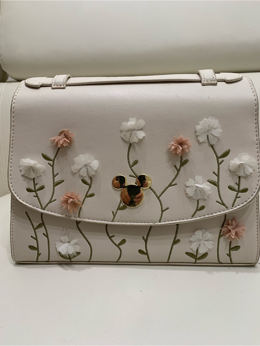 Disney Cream Floral Appliqué Satchel with Gold Mickey Accent